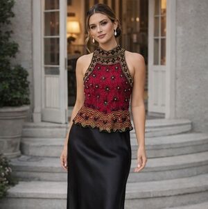 Papell Boutique Adrianna Papell Vintage Silk Beaded Halter Top Y2K Glam